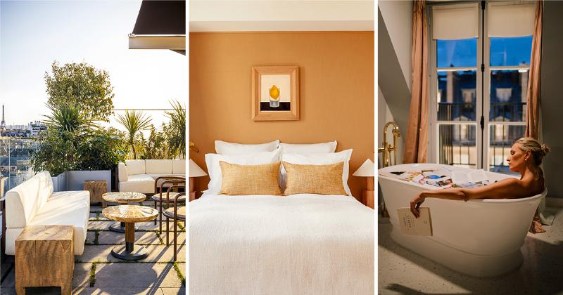 L’intérieur élégant et accueillant d’une chambre d’un nouvel hôtel parisien, avec des touches de design français et une vue discrète sur la ville.